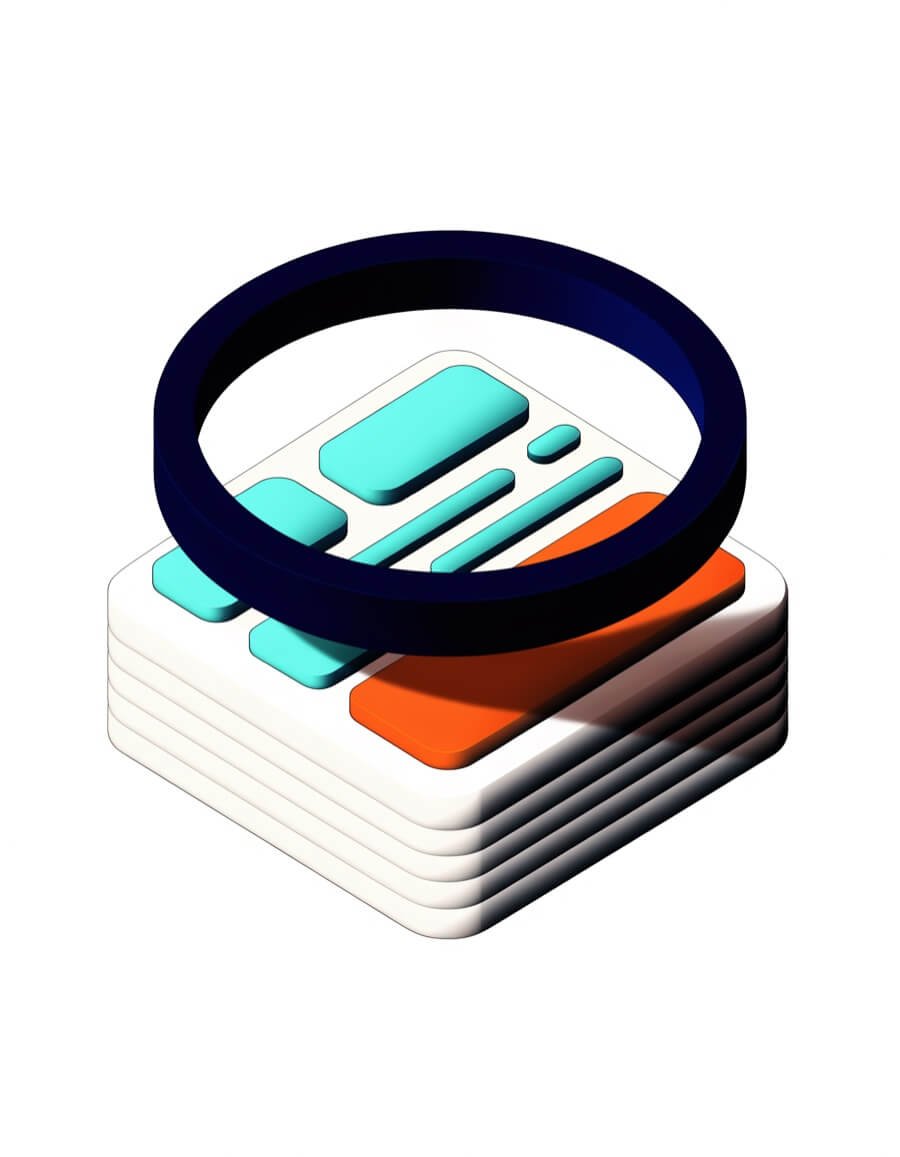 Illustration of a magnifying lens over layered website wireframes, highlighting the areas an audit inspects