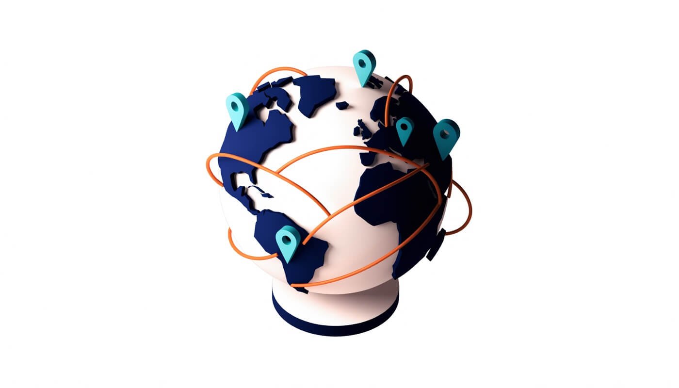 Illustration of a stylized globe with arcs linking highlighted locations across several regions