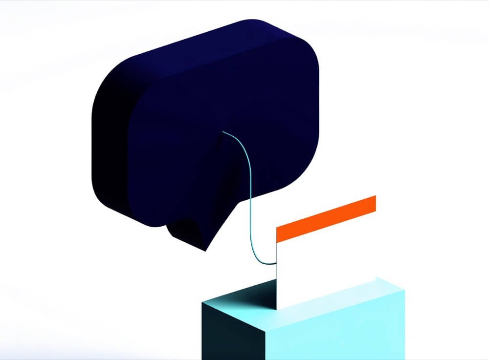 Illustration of an AI answer bubble linked by a citation thread to a source document