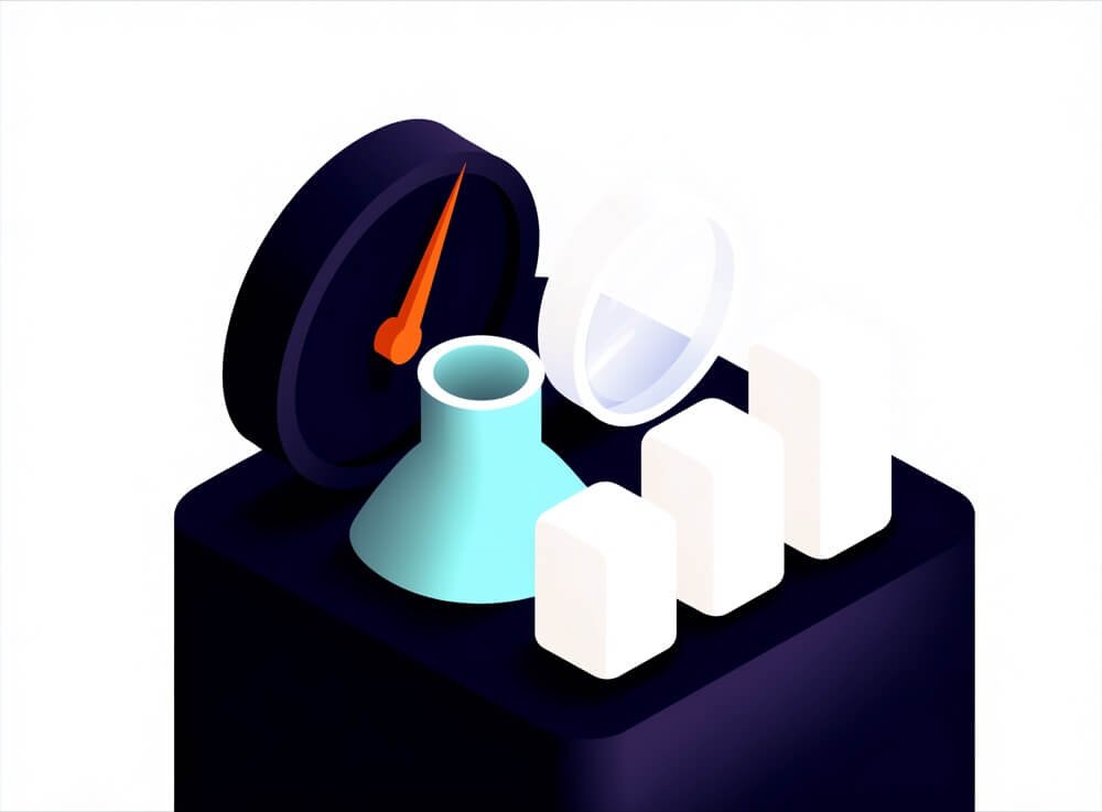 Illustration of a gauge, a funnel and a magnifier beside rising blocks, representing measurement and testing