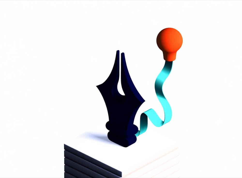Illustration of stacked pages, a pen nib and a ribbon of ideas flowing into a lightbulb