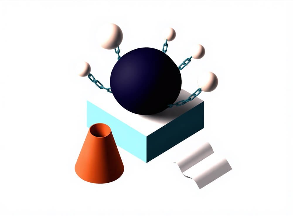Illustration of a central sphere linked by chains to smaller spheres, with a megaphone and a news sheet, representing earned authority