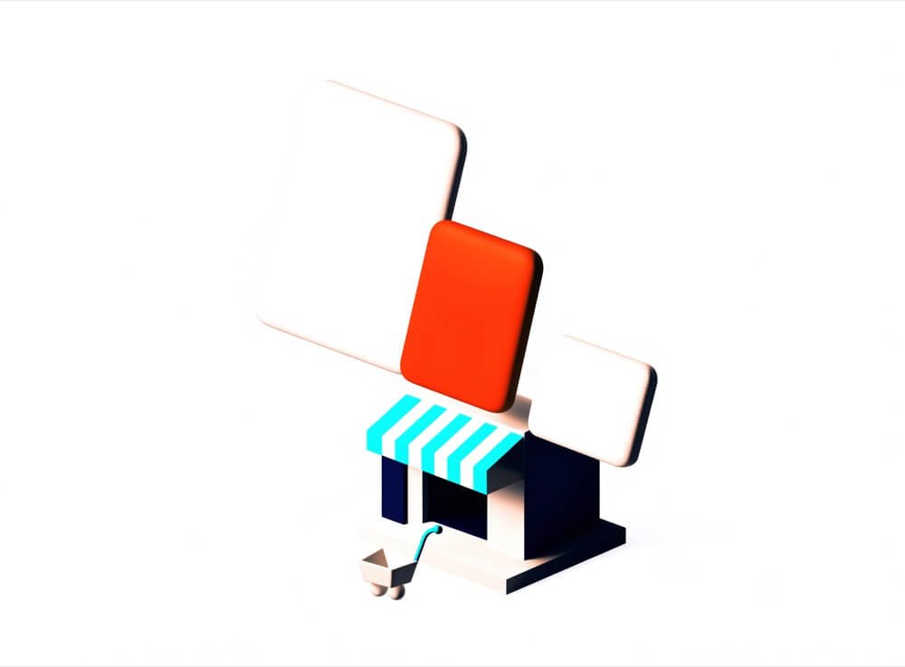 Illustration of a small storefront with a shopping cart and floating product cards, representing online store growth