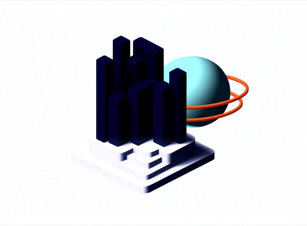 Illustration of tall towers on stepped platforms beside a globe segment with orbit rings, representing multi-market scale