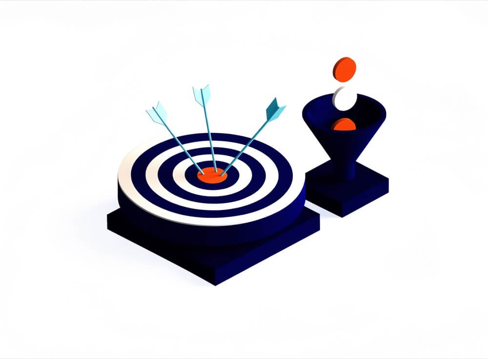 Illustration of arrows landing at the centre of a target while coins flow into a funnel, representing measured ad spend