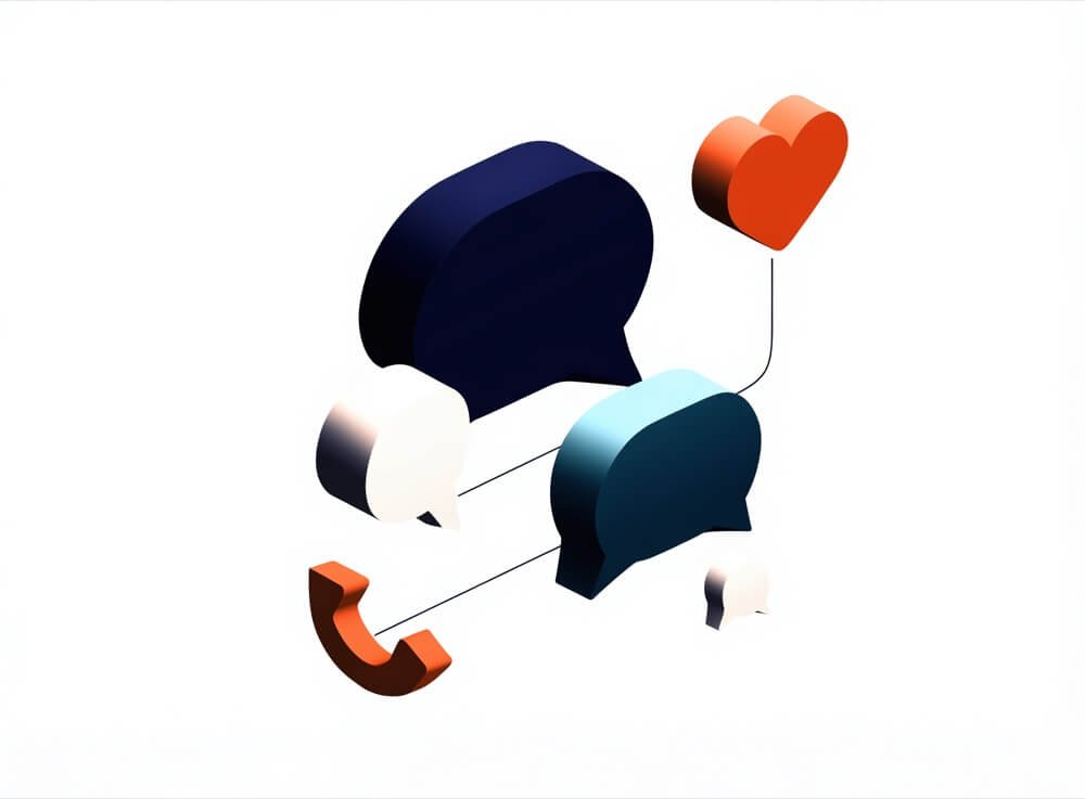 Illustration of connected speech bubbles with heart and share shapes, representing a planned social conversation