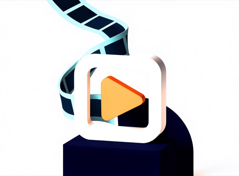 Illustration of a play button inside a rounded screen frame with a curling filmstrip ribbon