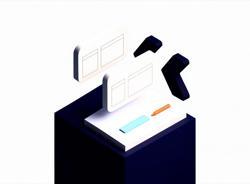 Illustration of floating browser panes, wireframe blocks, code brackets and a ruler, representing a clean website build