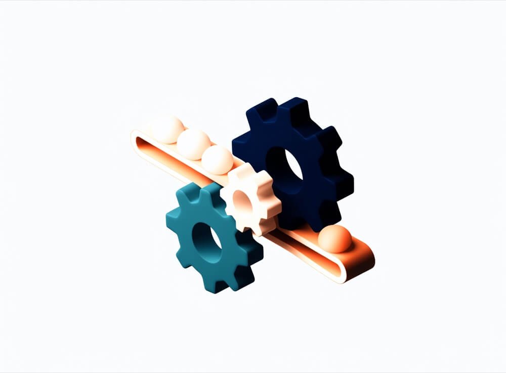 Illustration of interlocking gears and a conveyor of connected nodes, representing automated workflows