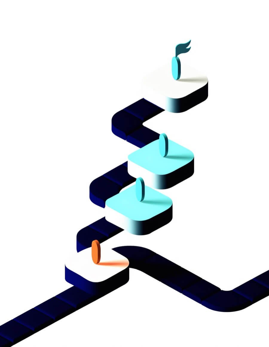 Isometric illustration of a four-stage roadmap climbing from audit to compounding growth