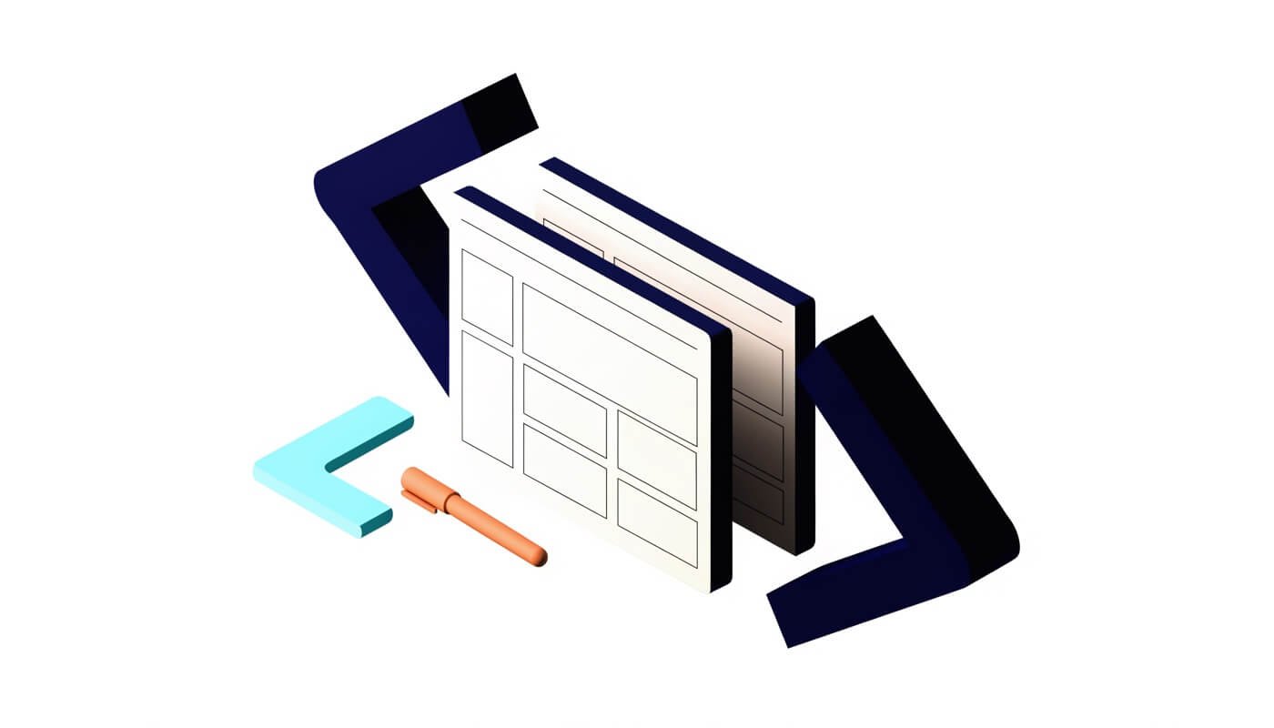 Illustration of browser panes and wireframe blocks being assembled with code brackets, representing a hand-built website