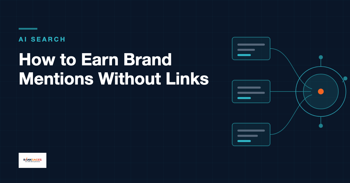 Navy card titled How to Earn Brand Mentions Without Links, with the AI Search kicker, RankSages logo, and a motif of three text cards feeding lines into a single entity node