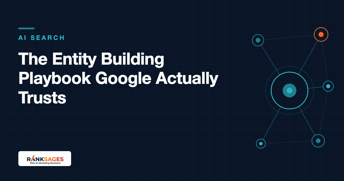 Navy featured card for The Entity Building Playbook Google Actually Trusts, with a connected entity graph of linked nodes beside the title