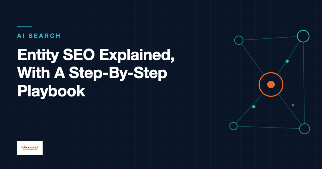 Entity SEO Explained, With A Step-By-Step Playbook - RankSages featured card with a knowledge-graph motif of connected entity nodes