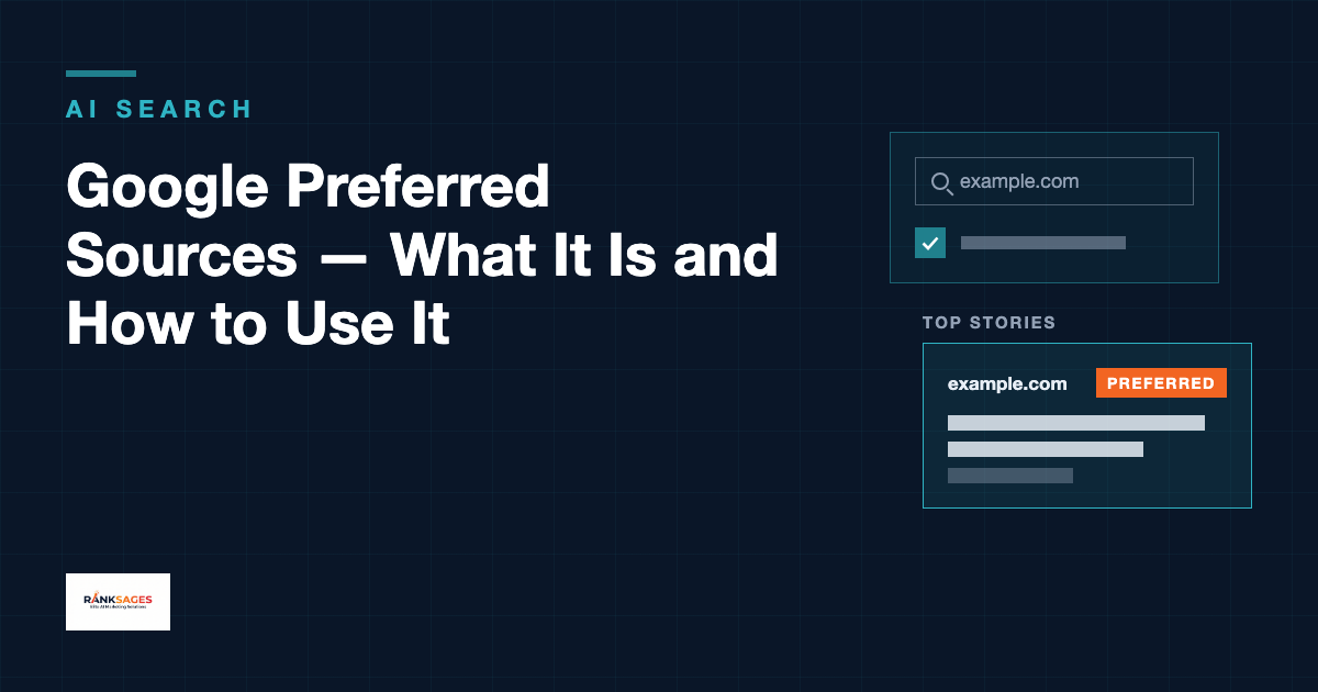Featured card for Google Preferred Sources — What It Is and How to Use It, with a stylised source preferences panel showing a ticked checkbox and a Top Stories card carrying an orange Preferred badge on a navy grid background.
