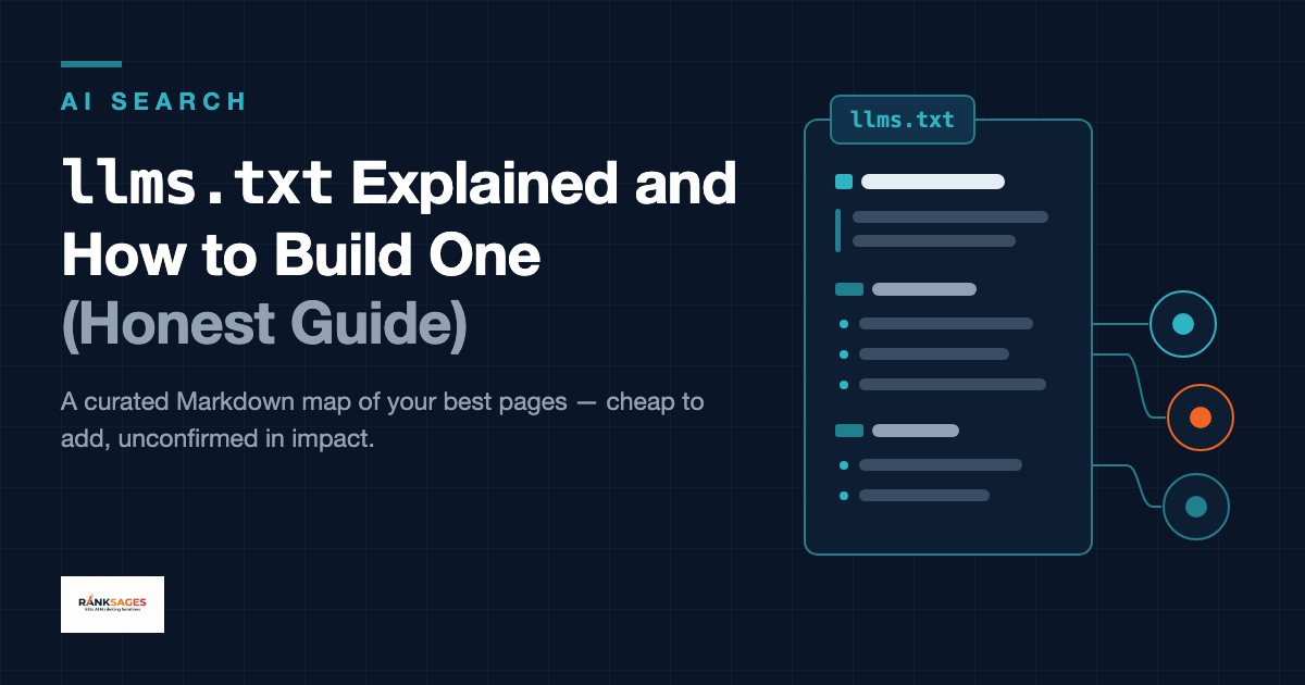 Featured card for llms.txt Explained and How to Build One, showing a stylised llms.txt Markdown file with a heading, blockquote, and grouped link sections connecting to AI nodes on a navy background