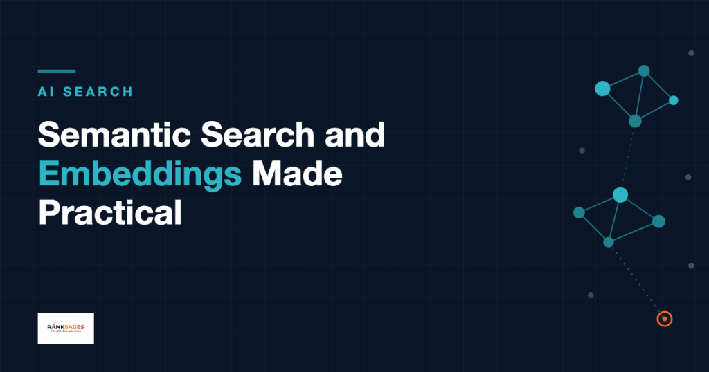 Navy featured card for the post Semantic Search and Embeddings Made Practical, with an AI Search kicker, the RankSages logo, and a decorative embedding-space motif of two tight teal node clusters connected by faint dashed lines and one distant orange outlier point.